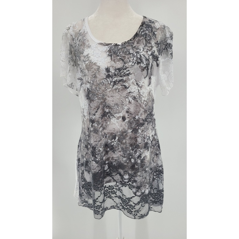 Brittany Black Women Sheer Lace Floral Top Size L Fairy‎ Romantic White Gray